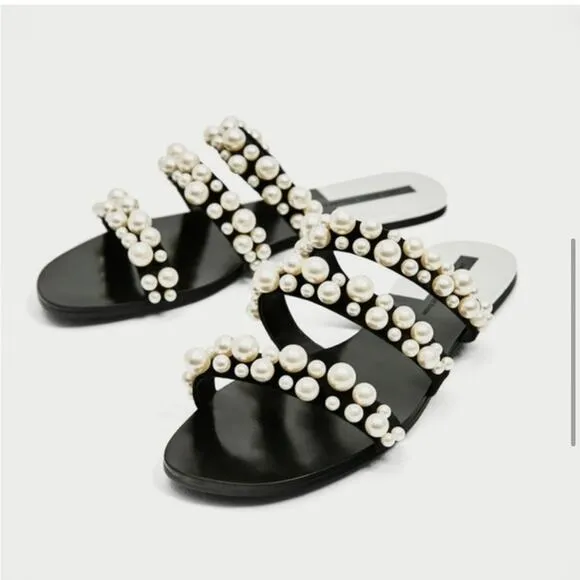 Zara Pearly Pearl Strapy Black Velvet Flat Sandals Size 5