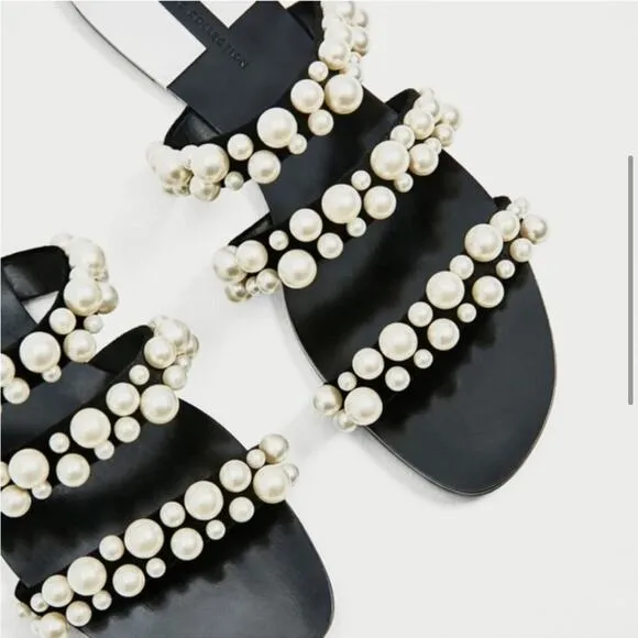Zara Pearly Pearl Strapy Black Velvet Flat Sandals Size 5