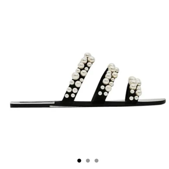 Zara Pearly Pearl Strapy Black Velvet Flat Sandals Size 5