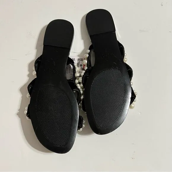 Zara Pearly Pearl Strapy Black Velvet Flat Sandals Size 5