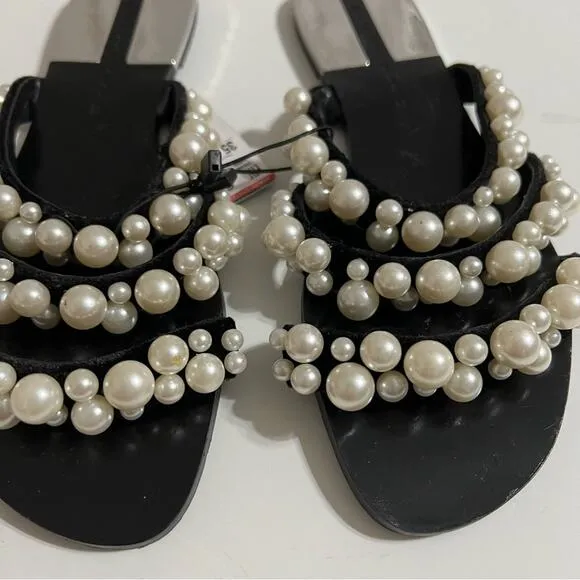 Zara Pearly Pearl Strapy Black Velvet Flat Sandals Size 5