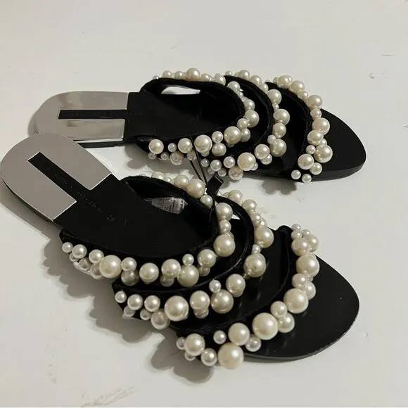 Zara Pearly Pearl Strapy Black Velvet Flat Sandals Size 5