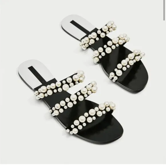 Zara Pearly Pearl Strapy Black Velvet Flat Sandals Size 5