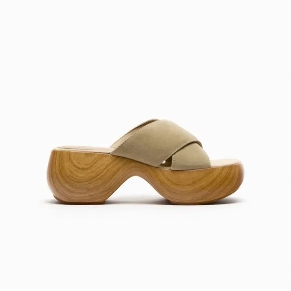 Zara Platform Tan Air Fit Cow Leather Upper Sandal Clogs Sz. 8