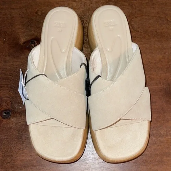 Zara Platform Tan Air Fit Cow Leather Upper Sandal Clogs Sz. 8