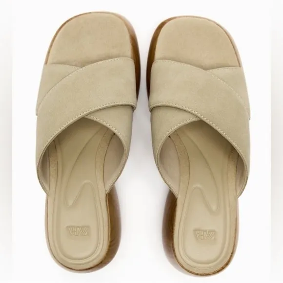 Zara Platform Tan Air Fit Cow Leather Upper Sandal Clogs Sz. 8