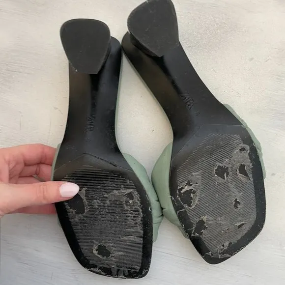 Zara Women's Slip On Sandals Knotted Leather Square Toe Heels in Green Sz 39