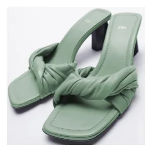 Zara Women's Slip On Sandals Knotted Leather Square Toe Heels in Green Sz 39