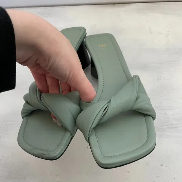 Zara Women's Slip On Sandals Knotted Leather Square Toe Heels in Green Sz 39