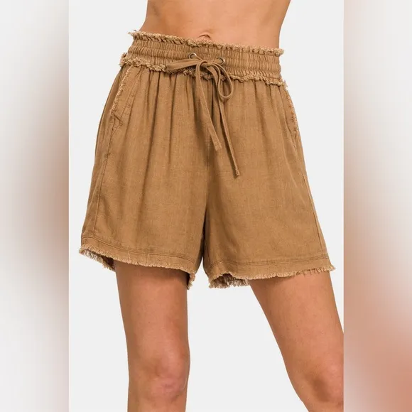 Zenana Washed Linen Frayed Hem Drawstring Shorts