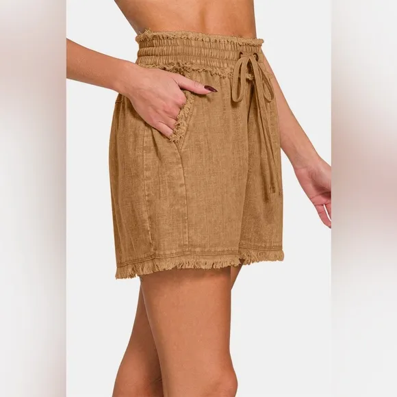 Zenana Washed Linen Frayed Hem Drawstring Shorts