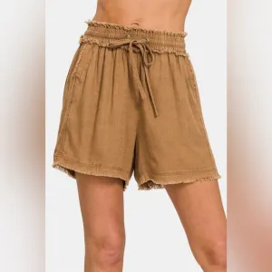 Zenana Washed Linen Frayed Hem Drawstring Shorts