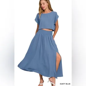 Zenana Woven Crinkle Gauze Crop Tee and Skirt Set