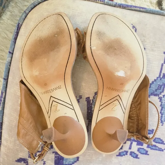 Zimmermann Skinny Strap Ruffle Kitten Heel Sandals Size 37 EU Leather Camel