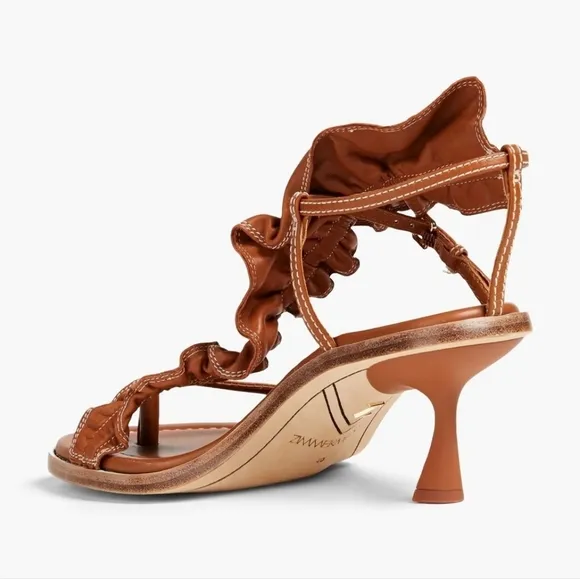Zimmermann Skinny Strap Ruffle Kitten Heel Sandals Size 37 EU Leather Camel