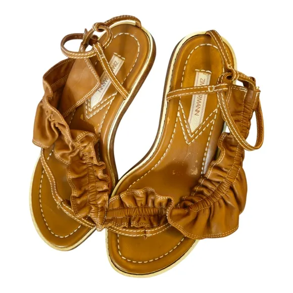 Zimmermann Skinny Strap Ruffle Kitten Heel Sandals Size 37 EU Leather Camel