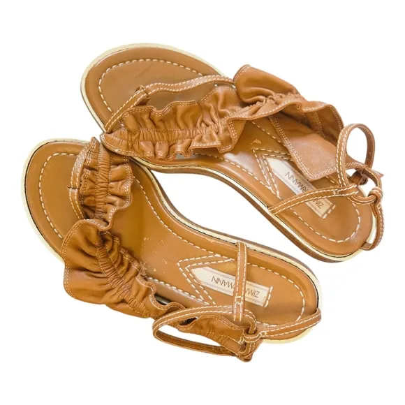 Zimmermann Skinny Strap Ruffle Kitten Heel Sandals Size 37 EU Leather Camel