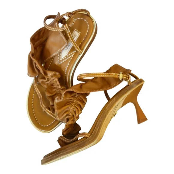 Zimmermann Skinny Strap Ruffle Kitten Heel Sandals Size 37 EU Leather Camel