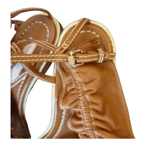Zimmermann Skinny Strap Ruffle Kitten Heel Sandals Size 37 EU Leather Camel