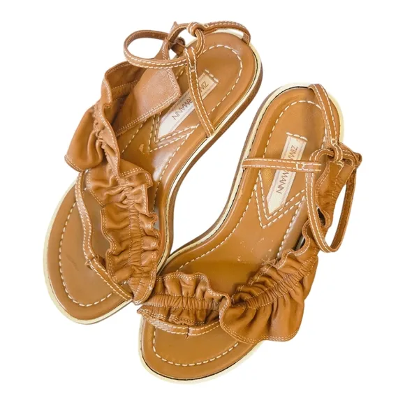 Zimmermann Skinny Strap Ruffle Kitten Heel Sandals Size 37 EU Leather Camel